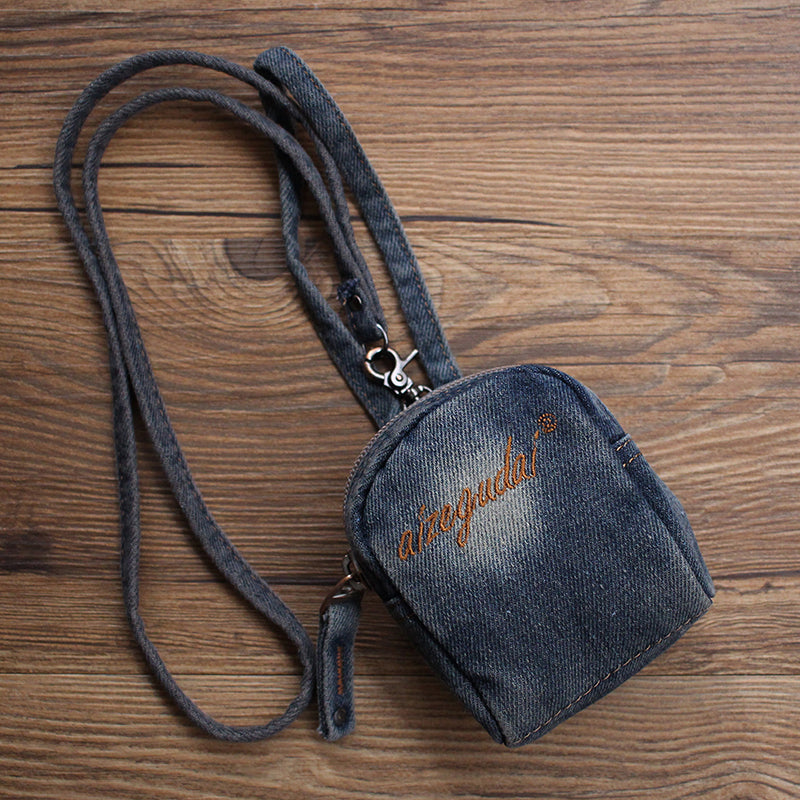 Vintage Mens Denim Mini Pouch Denim Small Card Coin Bag with Lanyard for Women
