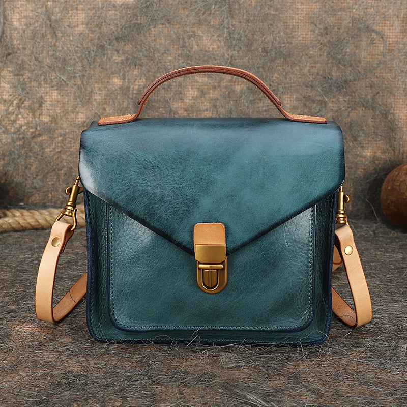 Vintage Blue Leather Womens Square Satchel Shoulder Bags School Crossbody Purse for Women