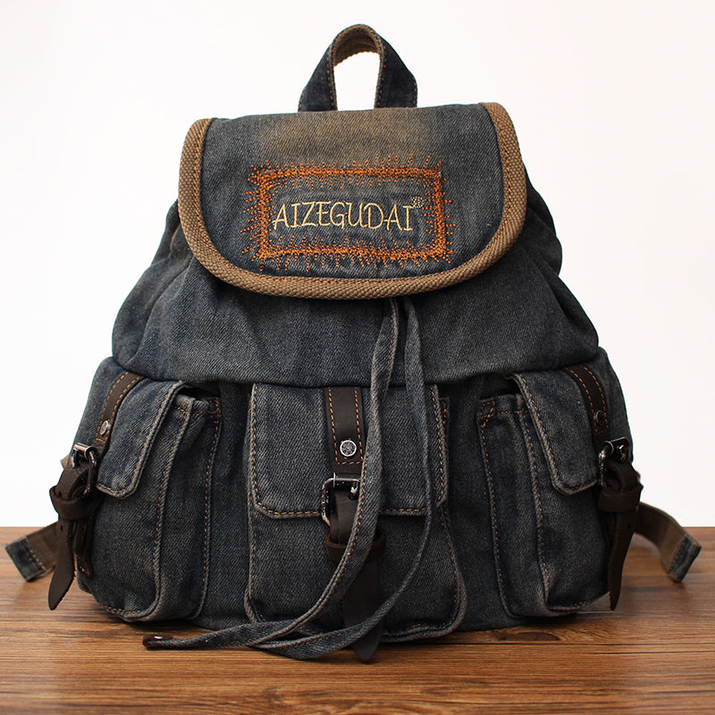 Vintage Womens Denim Backpacks School Backpack Bag Blue Denim School Rucksack For Women