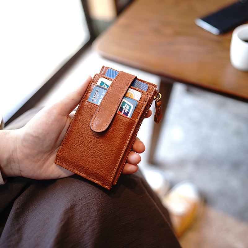 Womens Brown Leather Card Holders Wallet Vertical Slim Billfold Wallet Card Holders for Ladies