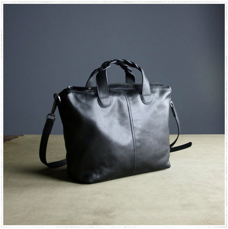 Womens Black Leather Work Handbag Purse Unique Leather Work Shoulder Purse for Ladies