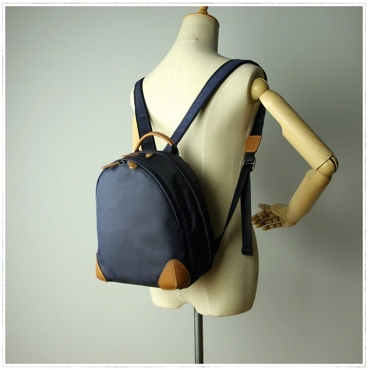 Womens Nylon Small Backpack Bag Dark Blue&Brown Best Mini Backpack Purse Nylon Rucksack for Ladies